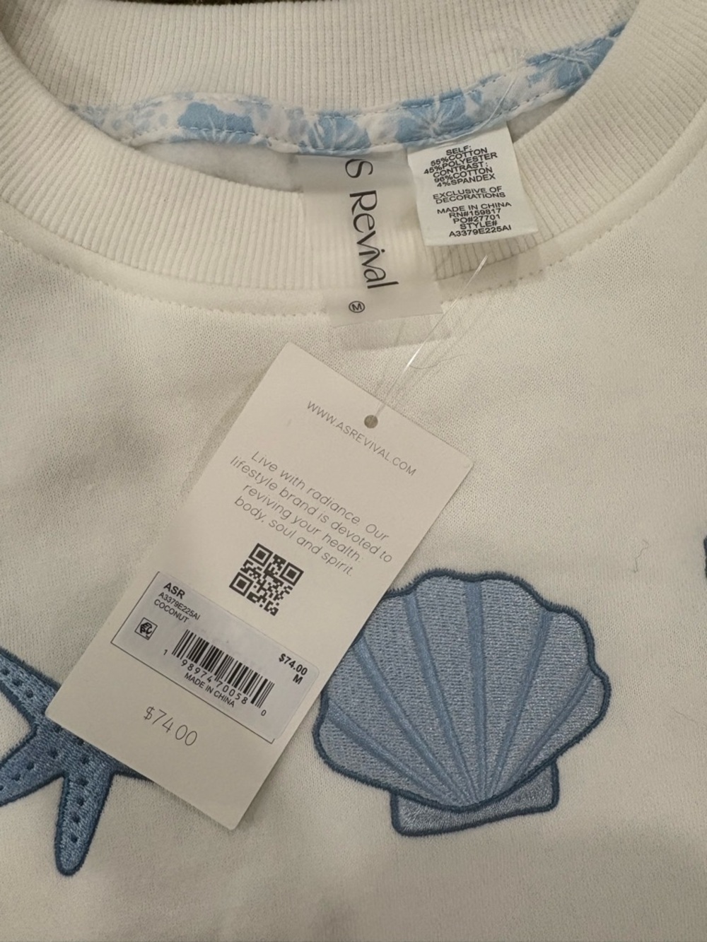 Altar'd State White Crewneck Sweater with Light Blue Seashell Motif - Picture 2 of 3